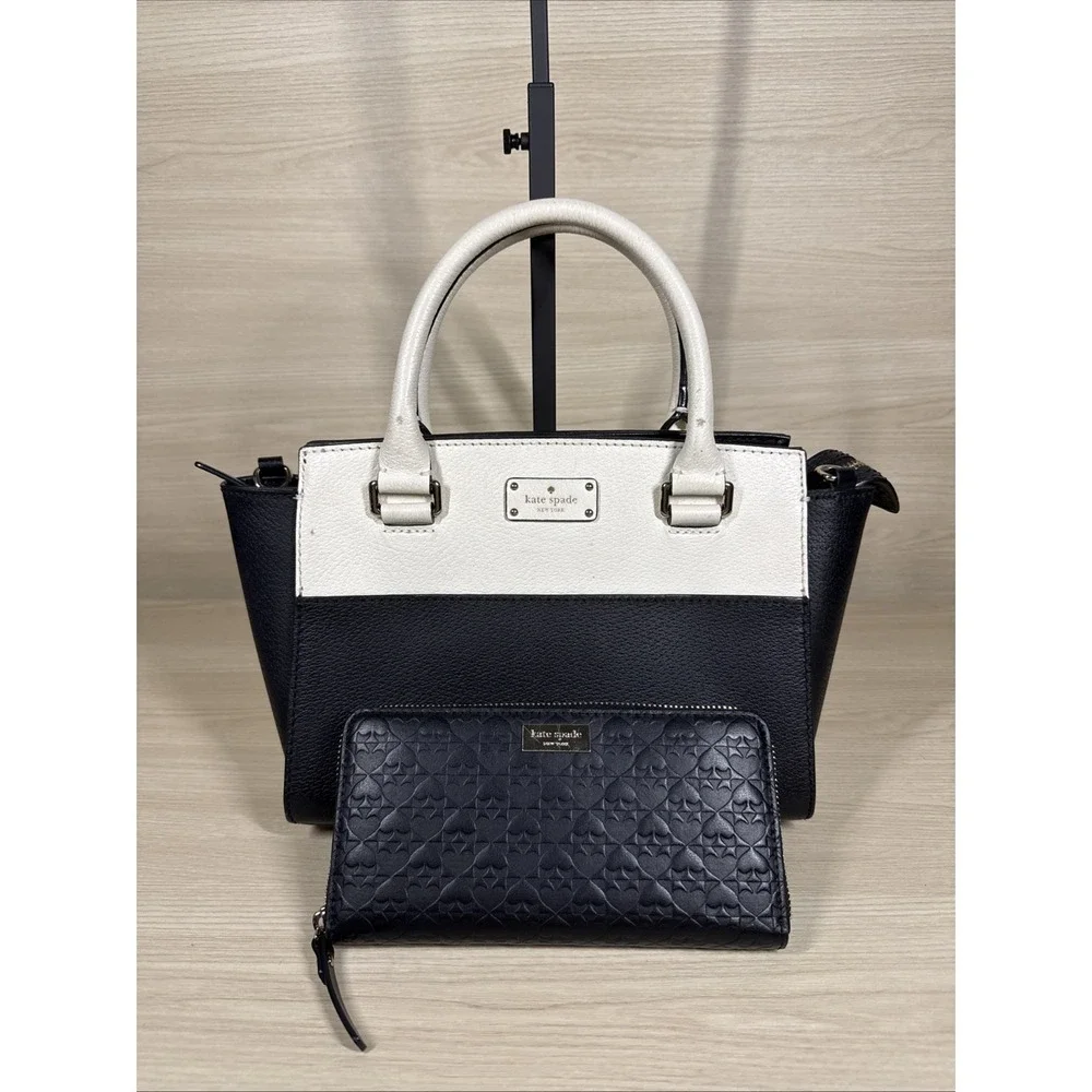 Kate Spade‎ NY Grove Street Caley Leather Satchel Purse Black White W/ Wallet